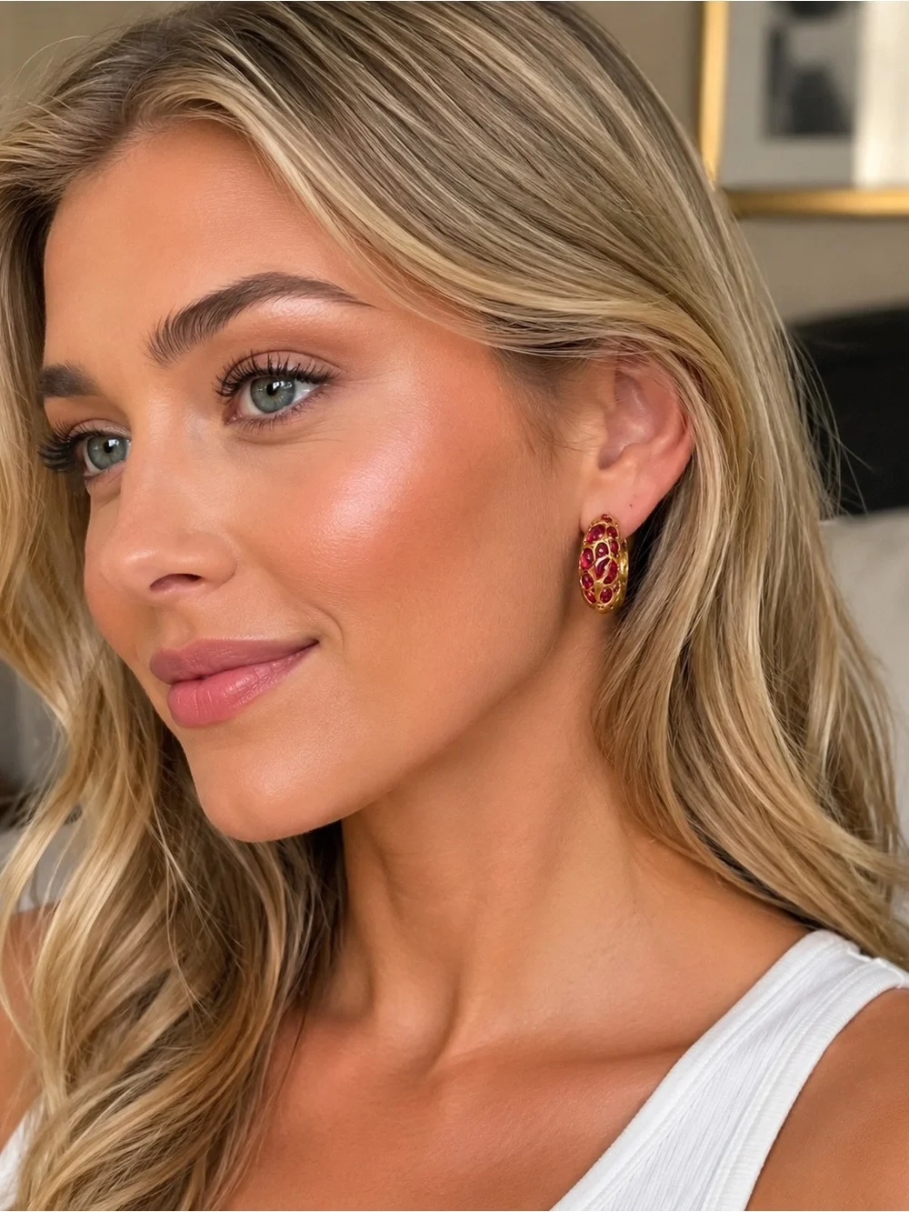 Kurt Geiger Gold Hoop Earrings with Pink Gem Accents